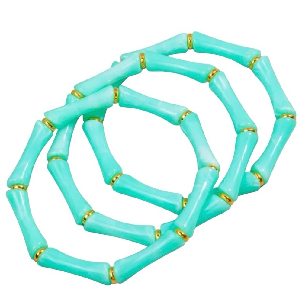 Set of 3 retro tiki bamboo look stretch bracelets in yummy mint and gold